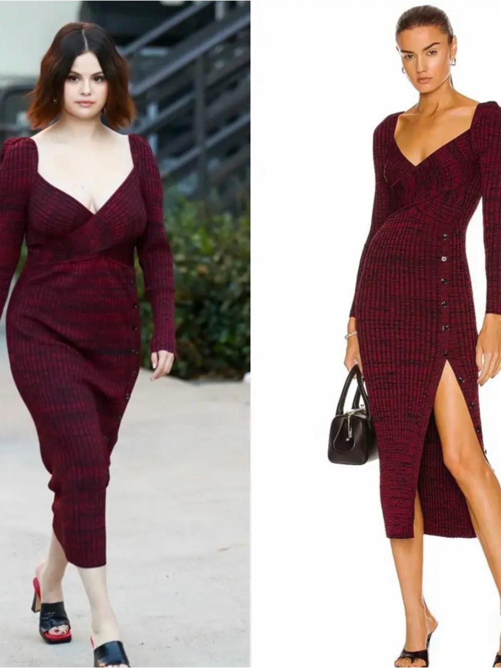 Self-Portrait Burgundy Long Sleeve Ribbed Midi Dress